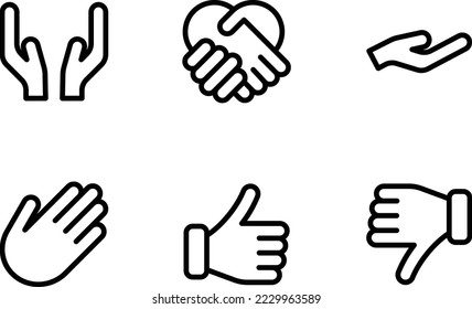 simple gestures hands icons, icon set. Isolated vector black outline stamp label rounded badge product tag on transparent background. Symbols. Handshake, thumb up, thumb down, high five.