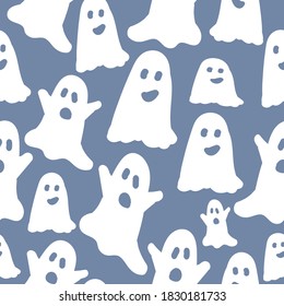 Simple ghosts pattern. Cute white ghosts. Gray-blue background. Vector texture. Fashionable print for Wallpaper.