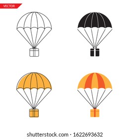 Simple gift box flying on parachute icon on white background 4 types such as outline, black, color, outline and color. Vector illustration.