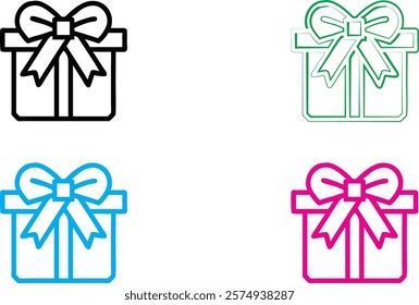 Simple gift box icons, minimalist line drawings, colorful outlines, present symbols, geometric shapes, ribbon bows, basic design elements, flat vector graphics, multiple colors, black white blue pink,