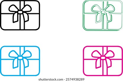 Simple gift box icons, minimalist line drawings, colorful outlines, present symbols, geometric shapes, ribbon bows, basic design elements, flat vector graphics, multiple colors, black white blue pink,