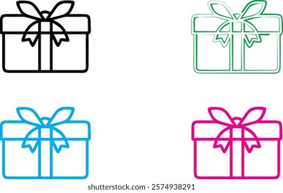 Simple gift box icons, minimalist line drawings, colorful outlines, present symbols, geometric shapes, ribbon bows, basic design elements, flat vector graphics, multiple colors, black white blue pink,