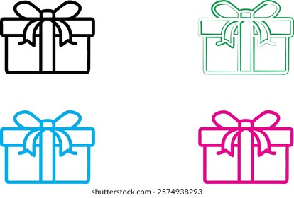 Simple gift box icons, minimalist line drawings, colorful outlines, present symbols, geometric shapes, ribbon bows, basic design elements, flat vector graphics, multiple colors, black white blue pink,