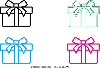 Simple gift box icons, minimalist line drawings, colorful outlines, present symbols, geometric shapes, ribbon bows, basic design elements, flat vector graphics, multiple colors, black white blue pink,