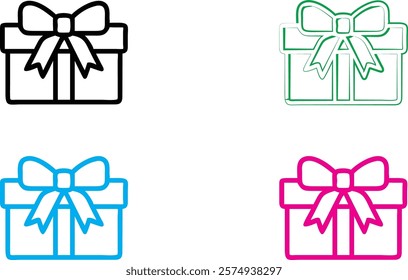 Simple gift box icons, minimalist line drawings, colorful outlines, present symbols, geometric shapes, ribbon bows, basic design elements, flat vector graphics, multiple colors, black white blue pink,