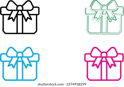 Simple gift box icons, minimalist line drawings, colorful outlines, present symbols, geometric shapes, ribbon bows, basic design elements, flat vector graphics, multiple colors, black white blue pink,