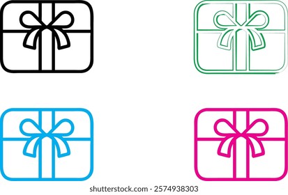 Simple gift box icons, minimalist line drawings, colorful outlines, present symbols, geometric shapes, ribbon bows, basic design elements, flat vector graphics, multiple colors, black white blue pink,