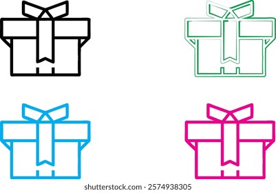 Simple gift box icons, minimalist line drawings, colorful outlines, present symbols, geometric shapes, ribbon bows, basic design elements, flat vector graphics, multiple colors, black white blue pink,