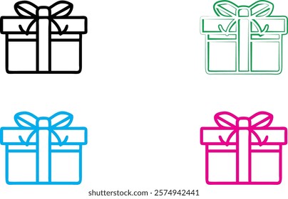 Simple gift box icons, minimalist line drawings, colorful outlines, bow decorations, geometric shapes, clean design, flat illustration style, gift-giving concept, holiday symbols, present icons, vecto