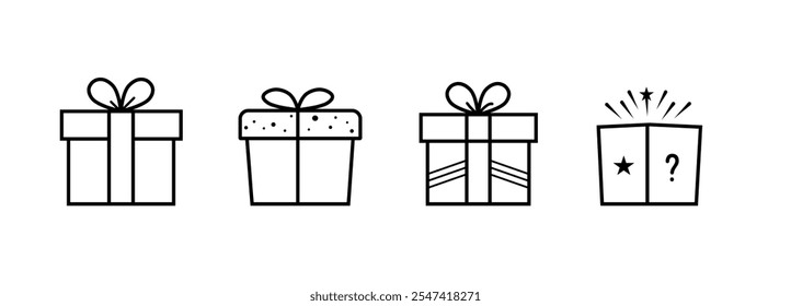 Conjunto de iconos de caja de regalo simple. Icono minimalista del arte de la línea de la caja de regalo. Ilustraciones de caja de regalo en blanco y negro