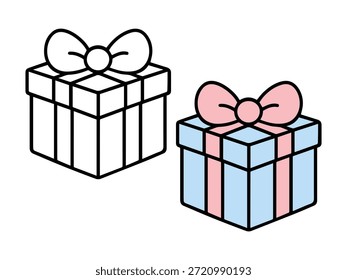Ilustración de caja de regalo simple con una versión de color y una versión de contorno, estilo lindo y mínimo adecuado para iconos, pegatinas, gráficos de celebración, contenido para niños y páginas para colorear.