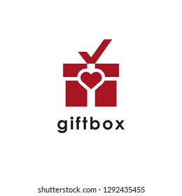 Simple gift box logo icon with love and checkmark on white background