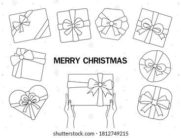 Simple gift boxes drawing the hand various style. Hand gives a gift box on a white background. Black color line pattern simple design. Cartoon style. Vector illustration.