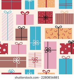 Simple gift boxes, presents seamless pattern, background in a flat style