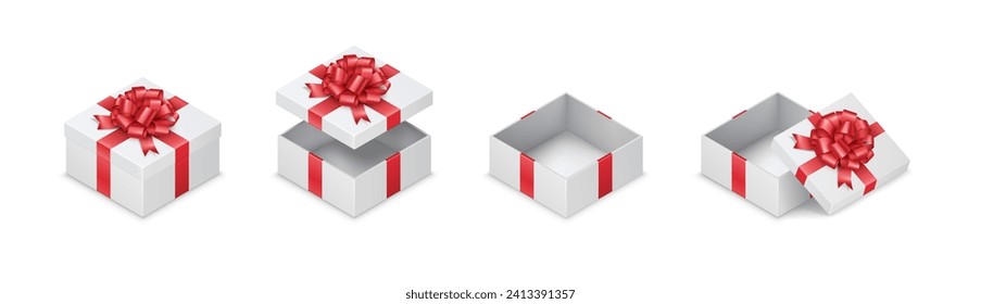 Simple gift boxes with red color puff bows realistic vector illustration set. Square carton packaging for festive presents 3d elements on white