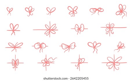 Simple gift ribbon bow set in one line style. Hand-drawn doodle stroke elements. Minimal elegant bow collection for decor, presents or labels. Vector illustration.