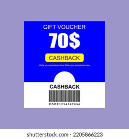 Simple gift voucher card 70$ cashback template design with coupon code promotion text vector illustration
