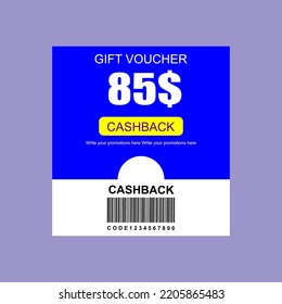 Simple tarjeta de cupón regalo 85$ diseño de plantilla de cashback con promoción de código de cupón ilustración de vector de texto