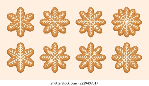 Simple gingerbread snowflake sweet cookies with sugar glazed. Christmas holiday food. Vector illustration