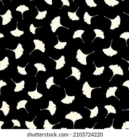 Simple gingko leaf seamless repeat pattern. Vector, flying tree seeds all over surface print on black background.