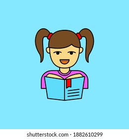 Simple girl reading a book vector illustration isolated on blue background. Linear color style female student icon