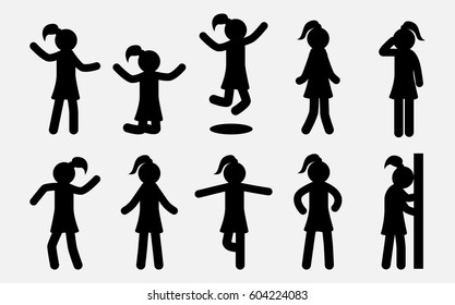 Simple Girl silhouettes set. Woman in different poses and actions. Female Female Icons.