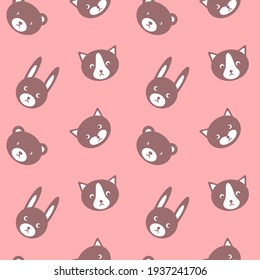 Simple girlish print with cute animals. Childish seamless pattern on pink background. Vector illustration.