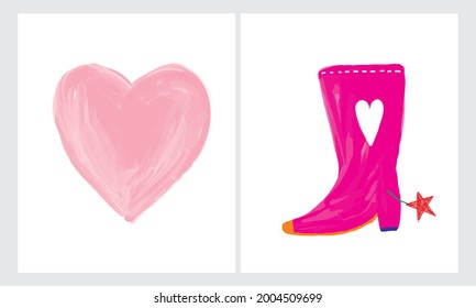 Simple Girly Vector Illustration with Big Irregular Shape Heart and Pink Funny Cowboy Boots Isolated on a White Background. Funny Infantile Style Print ideal for Card, Poster. Girls' Room Decoration.