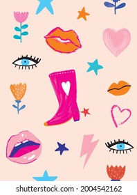 Simple Girly Vector Seamless Vector Pattern with Cute Hearts, Pink Funny Cowboy Boots, Stars, Abstract Flowers, Lightning, Lips and Eyes on a Blush Pink Background. Funny Infantile Style Print. 