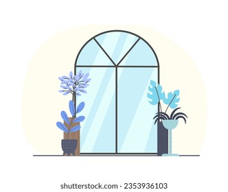 Puerta sencilla de cristal con vistas al exterior a las macetas. Fondo mínimo plano con elementos arquitectónicos.