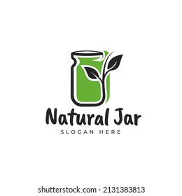 Simple glass jar illustration with green nature leaf logo design template