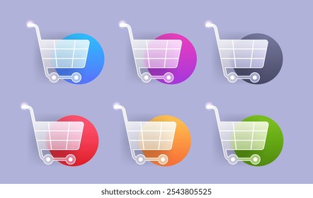 Simple glass morphism shopping cart icon set in various color. Vector market symbol illustration