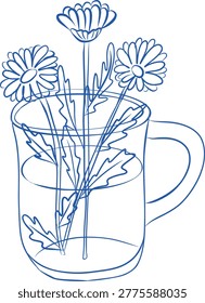 A simple glass mug filled with a fresh bouquet of daisies, symbolizing herbal tea or spring morning vibes.