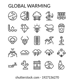 Simple Global Warming Line Style Contain Such Icon as Power Plant, Factory, Industry, Windy, Tornado, Flood, Drought, Volcano, Disaster, Smoke, Recycle, Garbage and more. 128 x 128 Pixel Perfect