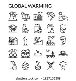 Simple Global Warming Line Style Contain Such Icon as Earth, Iceberg, Thermometer, Climate Change, Sea Level Rise, Rainy, Storm, Oil Barrel and more. 128 x 128 Pixel Perfect