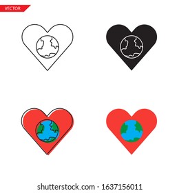Simple globe in heart icon on white background 4 types such as outline, black, color, outline and color. Vector illustration.