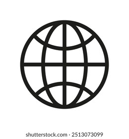 Simple globe icon. Black outline symbol. Minimal vector style. White background.