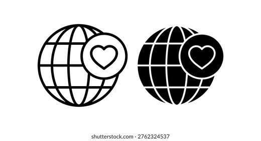 Simple globe icon with heart symbol representing love care compassion and global connection suitable for charity healthcare social support and relationship themes