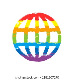 Simple globe icon. Linear. Drawing sign with LGBT style, seven colors of rainbow (red, orange, yellow, green, blue, indigo, violet