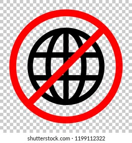 Simple globe icon. Linear. Not allowed, black object in red warning sign with transparent background