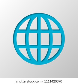 Simple globe icon. Linear. Paper design. Cutted symbol with shadow