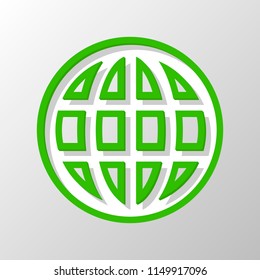 Simple globe icon. Linear. Paper style. Cut symbol with green bold contour on shape and simple shadow