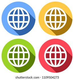 Simple globe icon. Linear. Set of white icons with long shadow on blue, orange, green and red colored circles. Sticker style