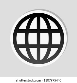 Simple globe icon. Linear. Sticker style with white border and simple shadow on gray background