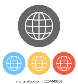 Simple globe icon. Linear, thin outline. Set of white icons on colored circles