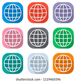 Simple globe icon. Linear, thin outline. Set of white icons on colored squares for applications. Seamless and pattern for poster