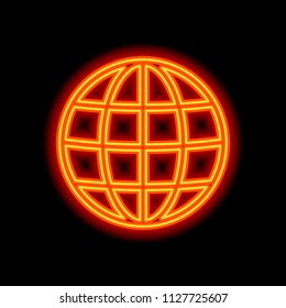Simple globe icon. Linear, thin outline. Orange neon style on black background. Light icon
