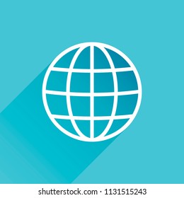 Simple globe icon. Linear, thin outline. Gray icon with long shadow in bottom left corner on blue background
