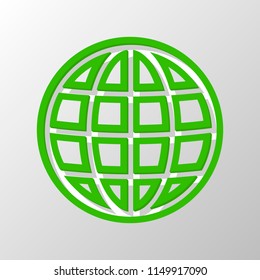 Simple globe icon. Linear, thin outline. Paper style. Cut symbol with green bold contour on shape and simple shadow