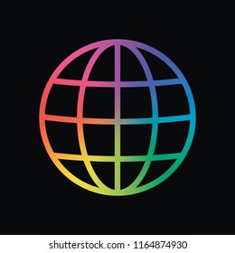 Simple globe icon. Linear, thin outline. Rainbow color and dark background